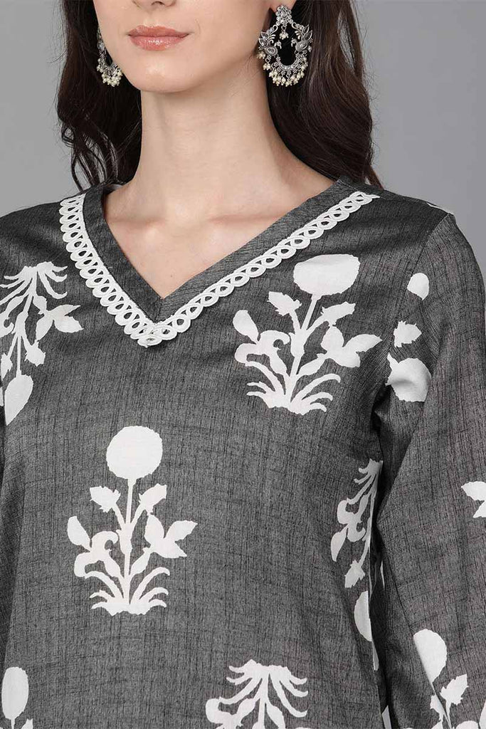  Women Grey Cotton Floral Printed Kurta 