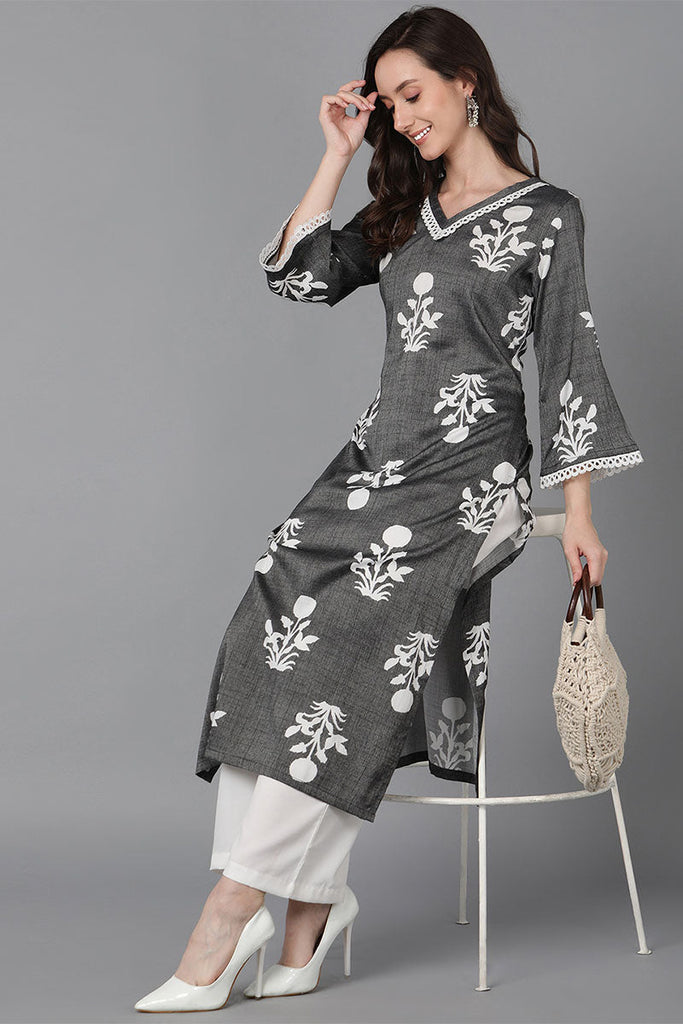  Women Grey Cotton Floral Printed Kurta 