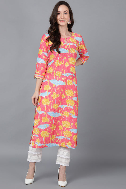 Pink Poly Silk Floral Straight Kurta VCK8787