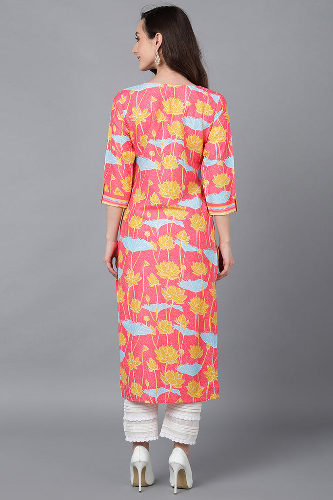 Pink Poly Silk Floral Straight Kurta VCK8787