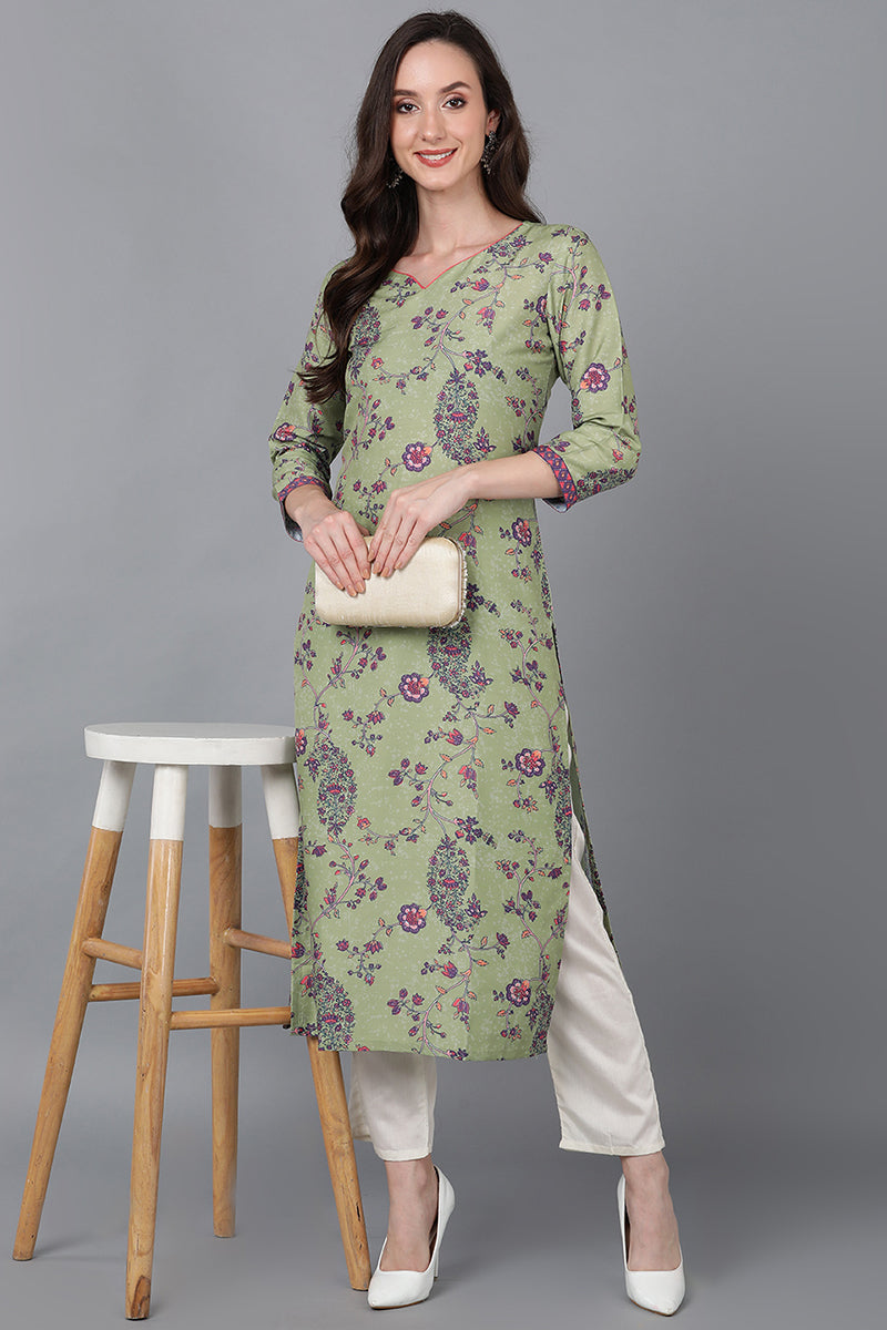 Green Poly Silk Floral Straight Kurta VCK8788