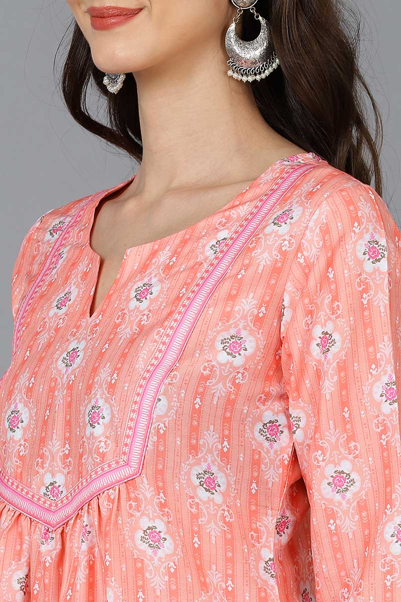   Women Peach-Coloured & White Ethnic Motifs Printed Kurta