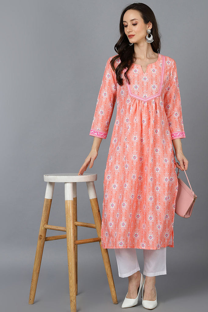   Women Peach-Coloured & White Ethnic Motifs Printed Kurta