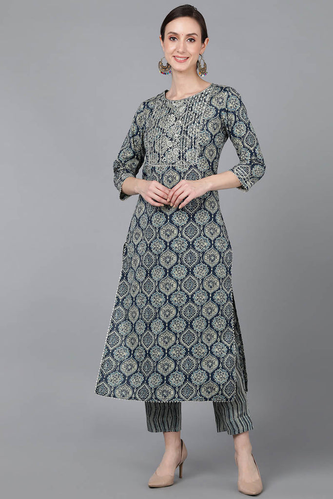  Women Teal Cotton Woven Design Kurta