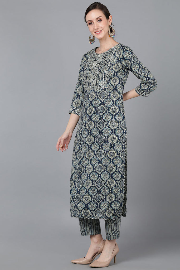  Women Teal Cotton Woven Design Kurta