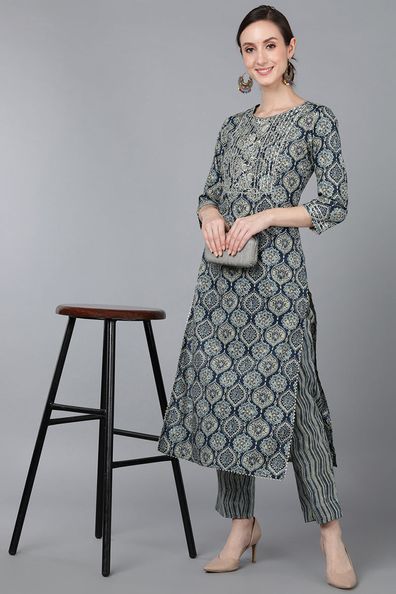  Women Teal Cotton Woven Design Kurta