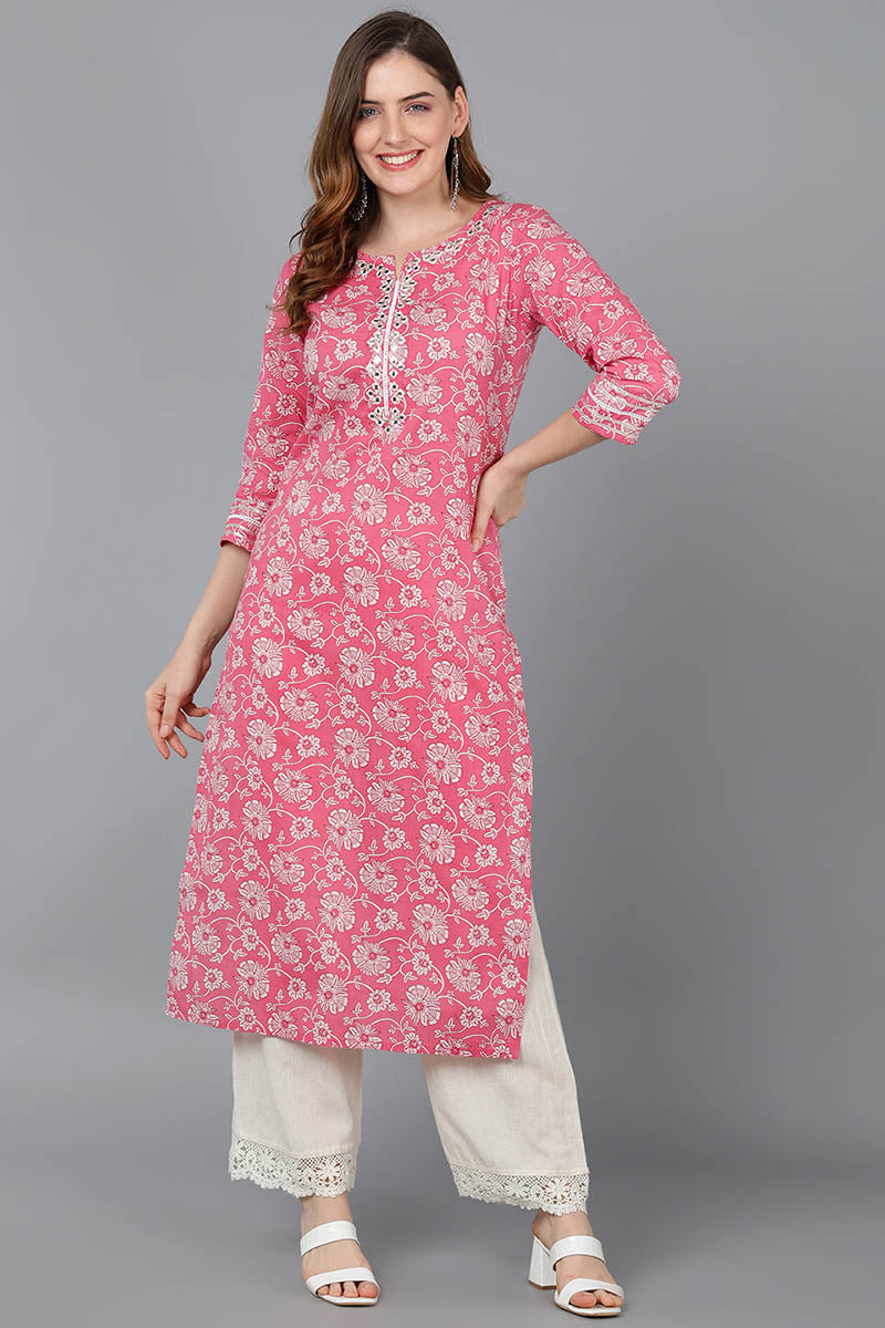  Women Pink Cotton Floral Printed Kurta