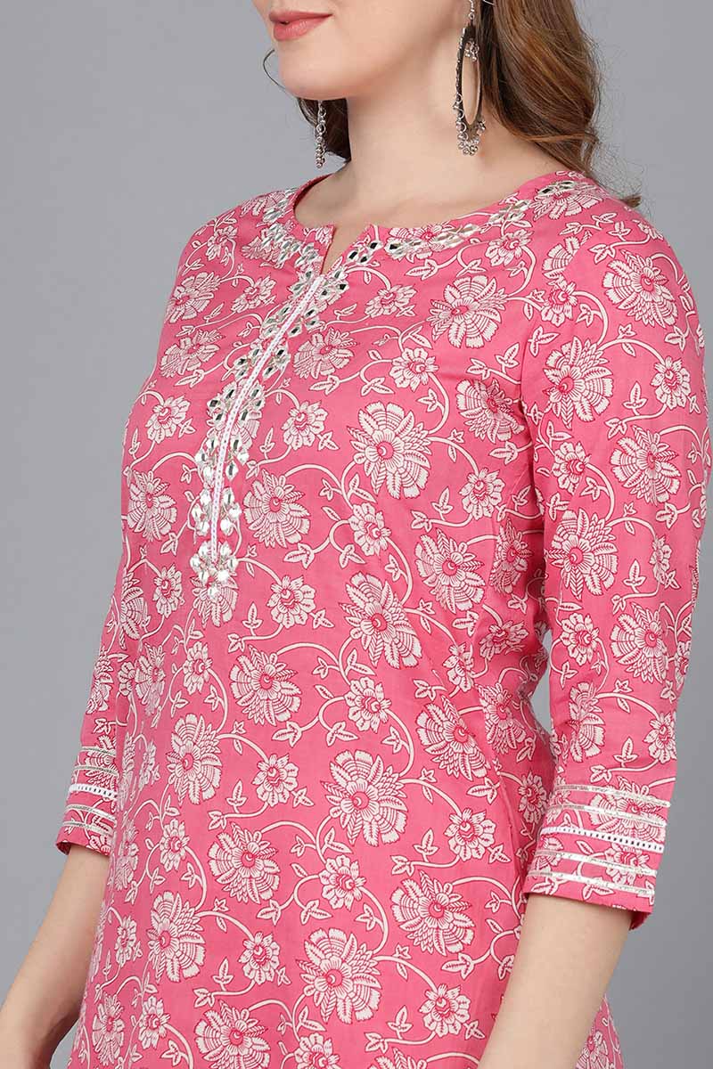  Women Pink Cotton Floral Printed Kurta