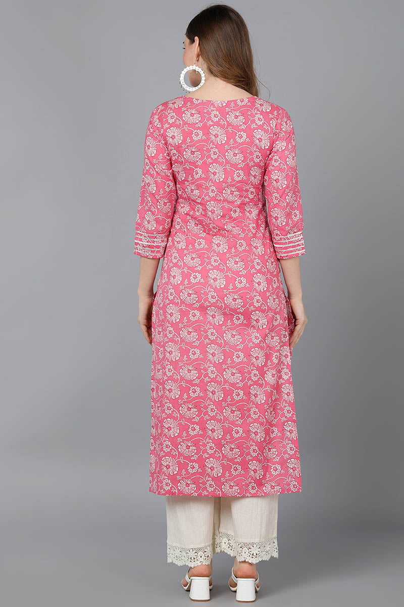  Women Pink Cotton Floral Printed Kurta