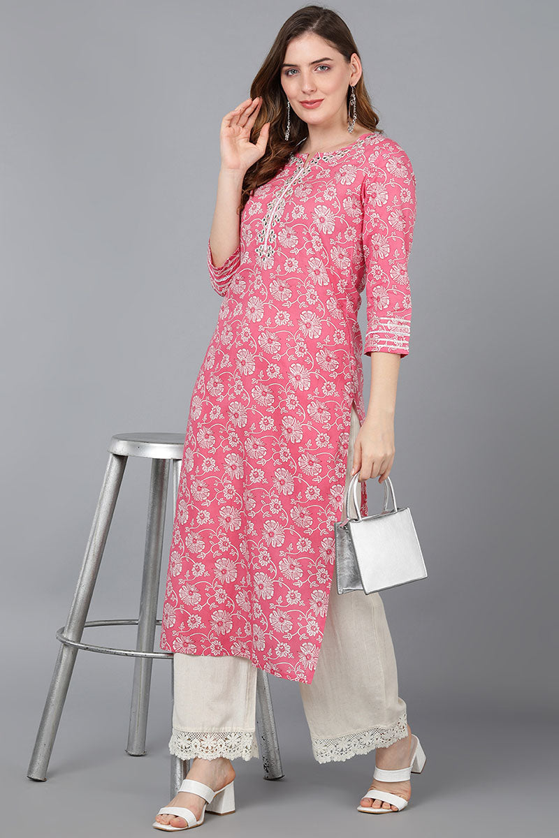  Women Pink Cotton Floral Printed Kurta