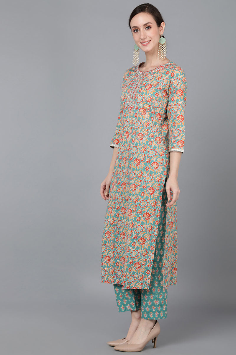  Women Beige Cotton Floral Printed Kurta 