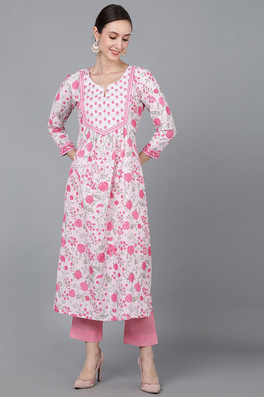  Women Pink Silk Floral Printed Kurta