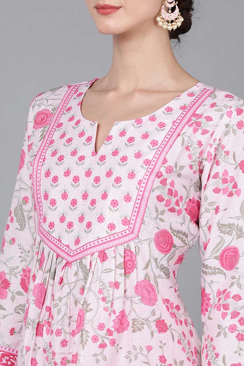  Women Pink Silk Floral Printed Kurta