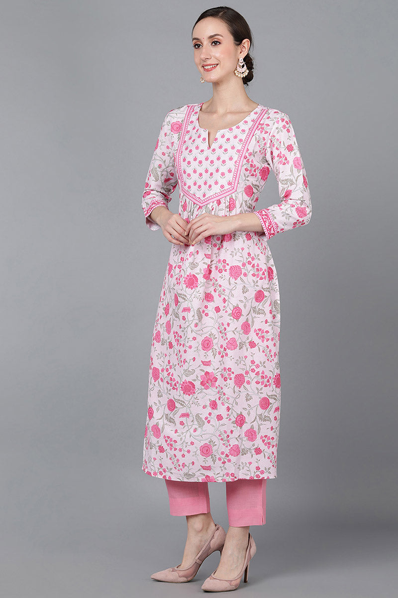  Women Pink Silk Floral Printed Kurta