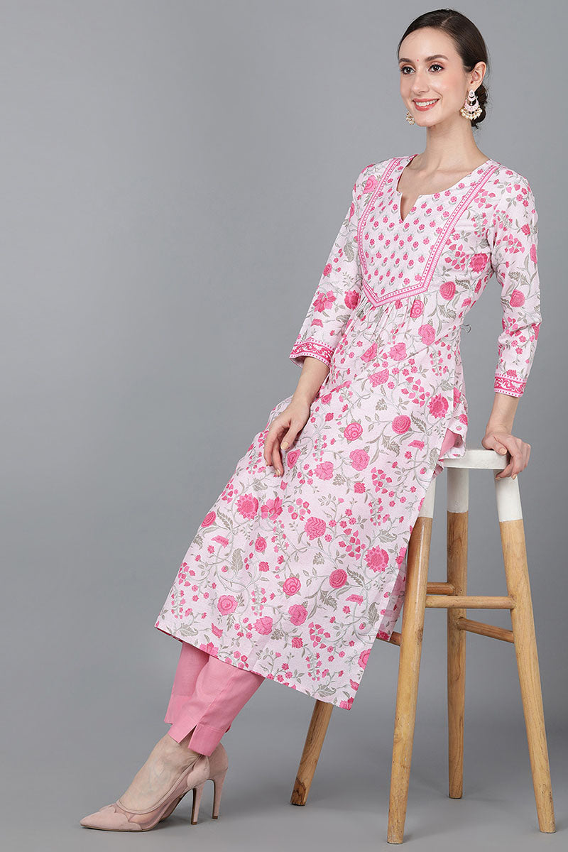  Women Pink Silk Floral Printed Kurta