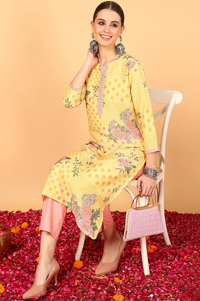 Yellow Poly Silk Straight Kurta VCK8823