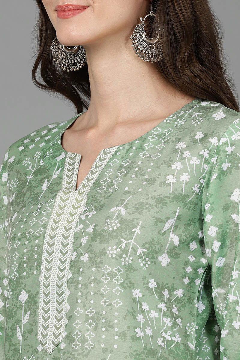 Green Silk Geometric Printed 