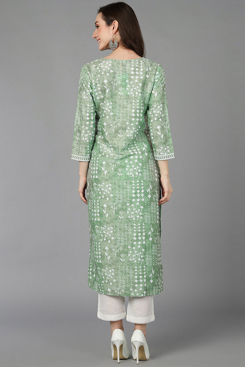 Green Silk Geometric Printed 