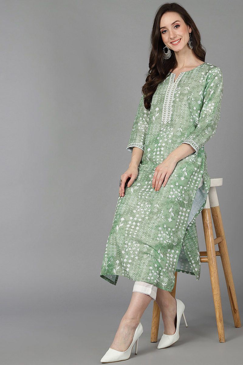 Green Silk Geometric Printed 