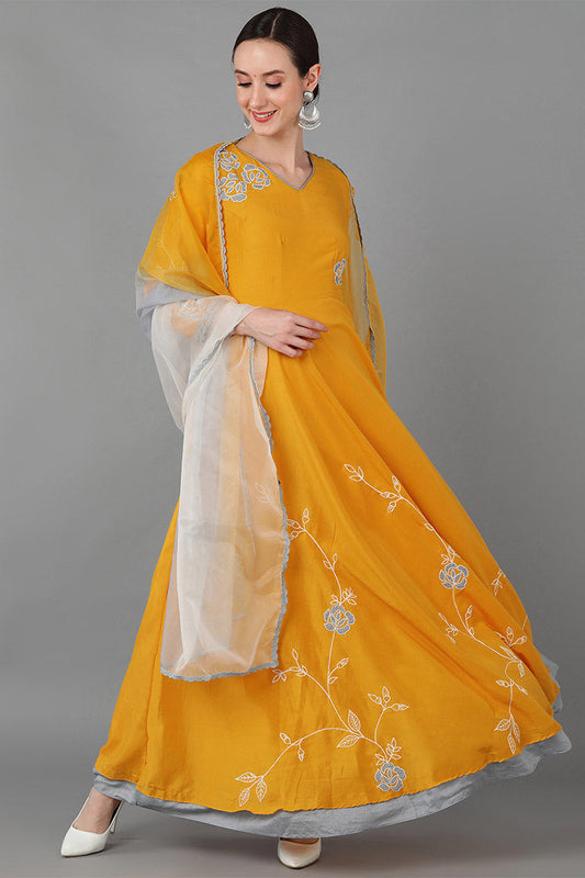  Women Mustard Yellow Floral Embroidered Chanderi Silk Kurta