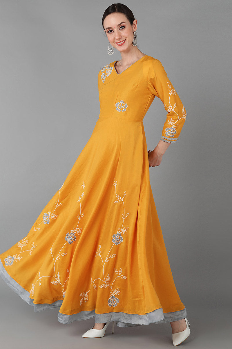  Women Mustard Yellow Floral Embroidered Chanderi Silk Kurta