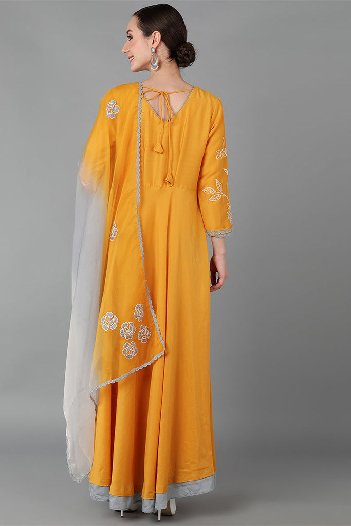  Women Mustard Yellow Floral Embroidered Chanderi Silk Kurta