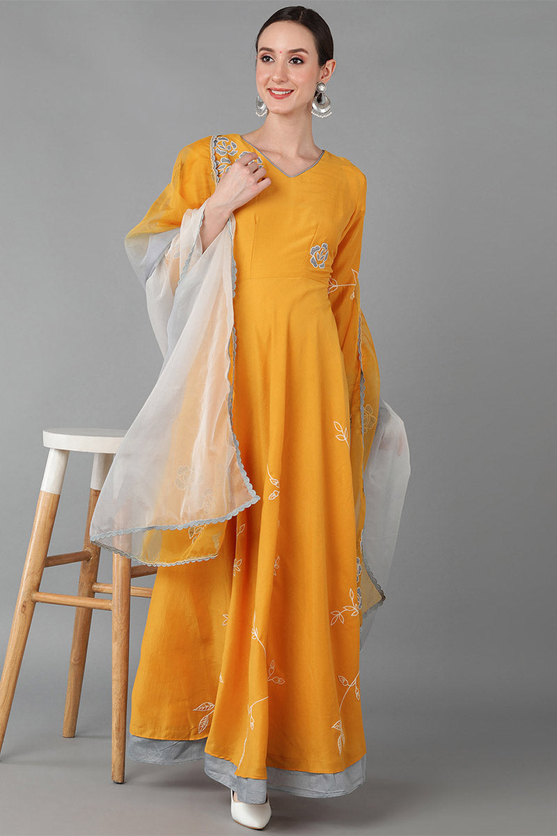  Women Mustard Yellow Floral Embroidered Chanderi Silk Kurta