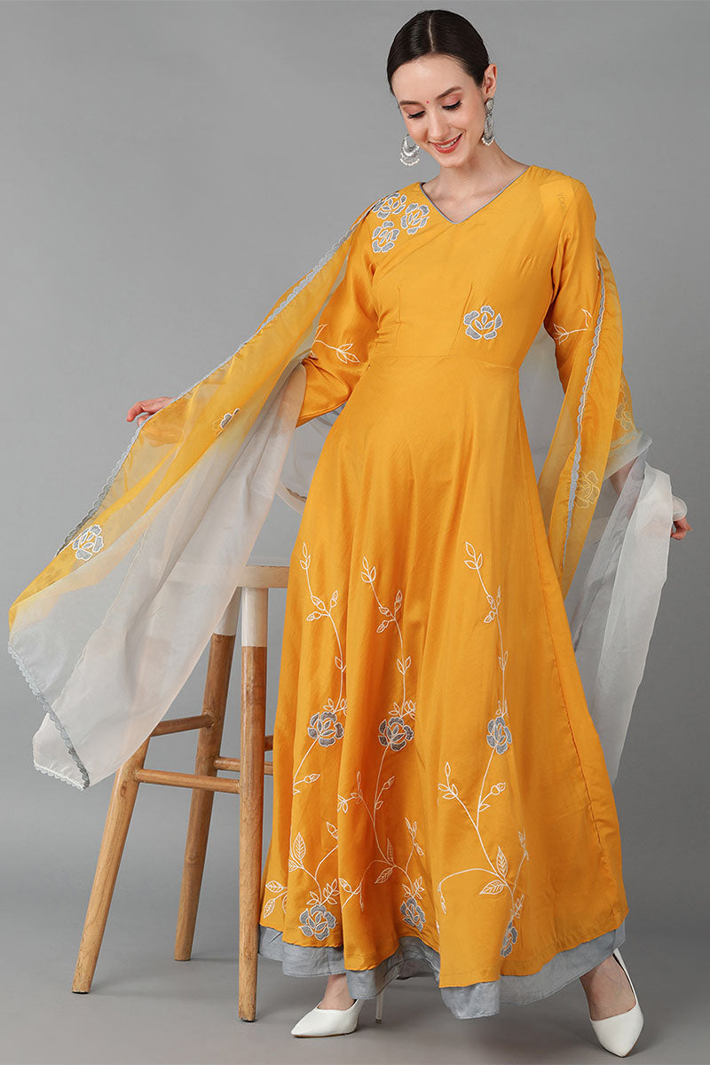  Women Mustard Yellow Floral Embroidered Chanderi Silk Kurta