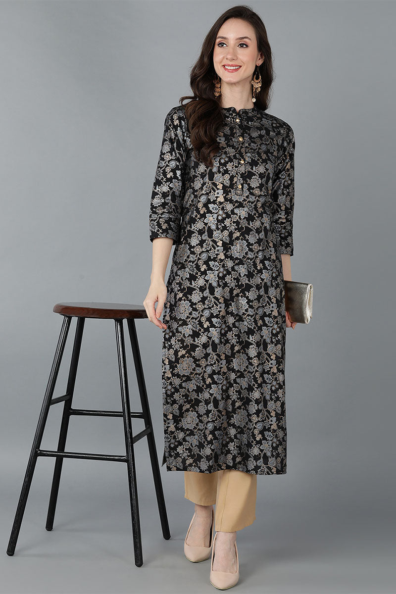  Women Black & Grey Floral Printed Kurta