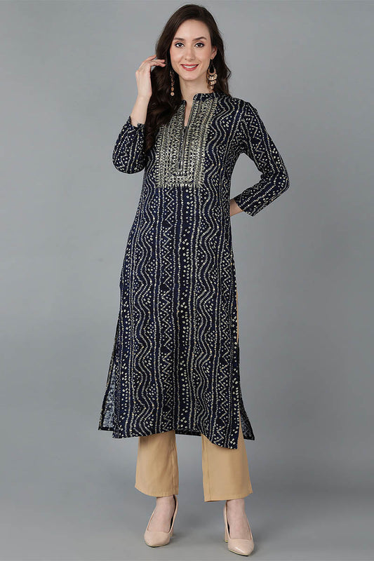   Women Navy Blue Bandhani Printed Regular Kurta