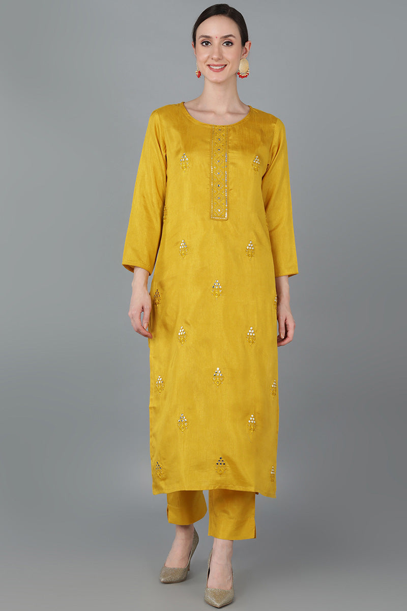 Yellow Silk Blend Solid Kurtas 