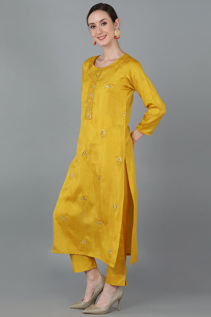 Yellow Silk Blend Solid Kurtas 