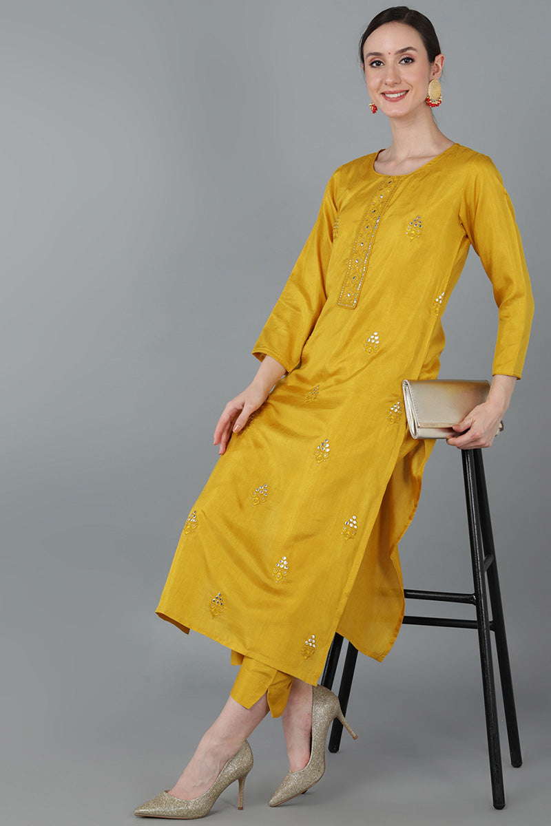 Yellow Silk Blend Solid Kurtas 