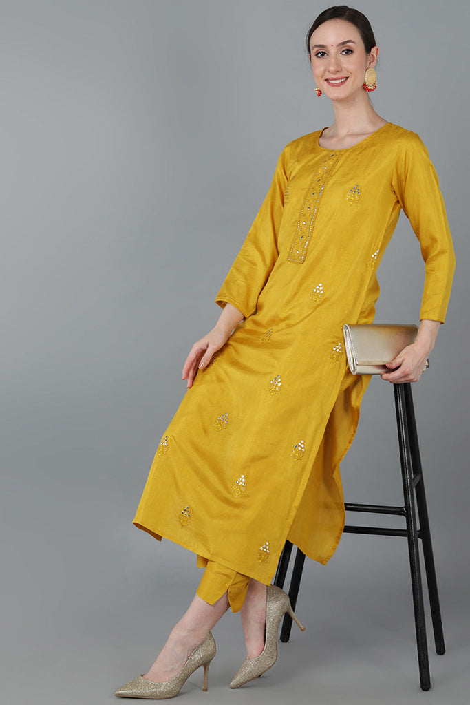 Yellow Silk Blend Solid Kurtas 