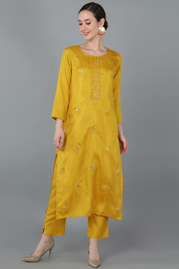 Yellow Silk Blend Solid Kurtas 