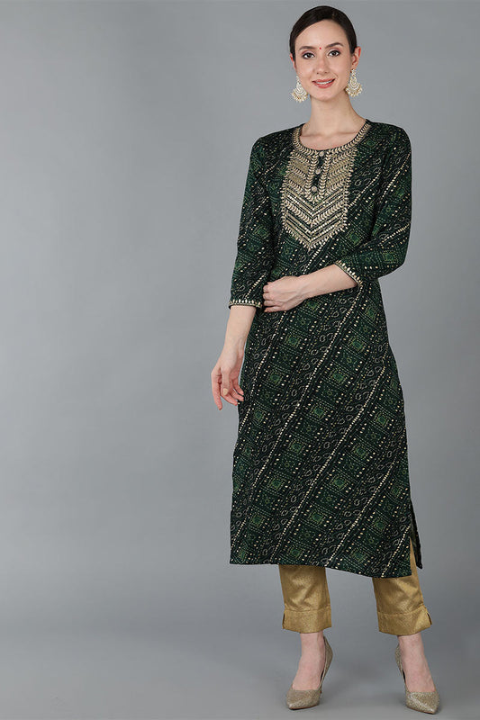 Green Viscose Rayon Ethnic Motifs Straight Kurta VCK8871