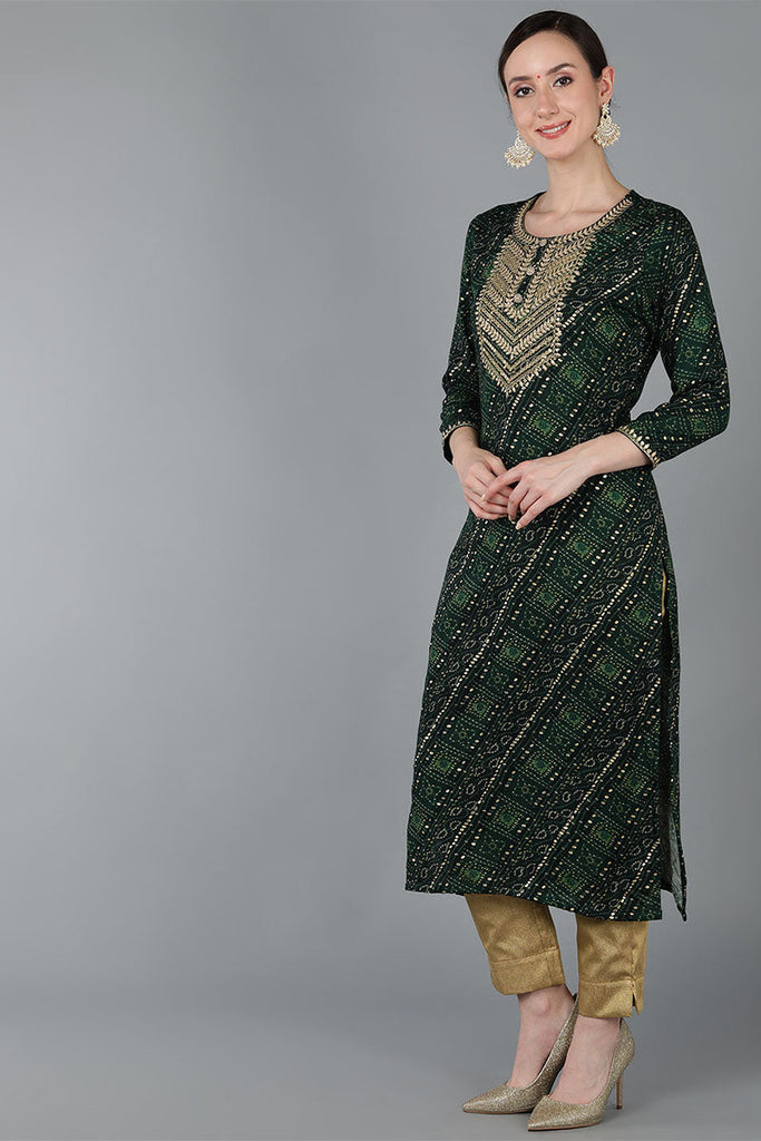 Green Viscose Rayon Ethnic Motifs Straight Kurta VCK8871