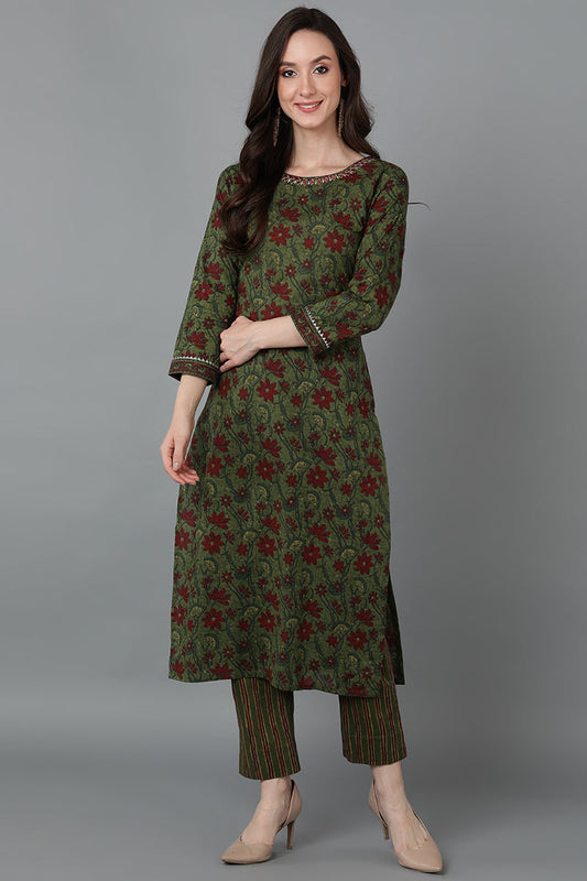 Green Cotton Straight Kurtas VCK8875