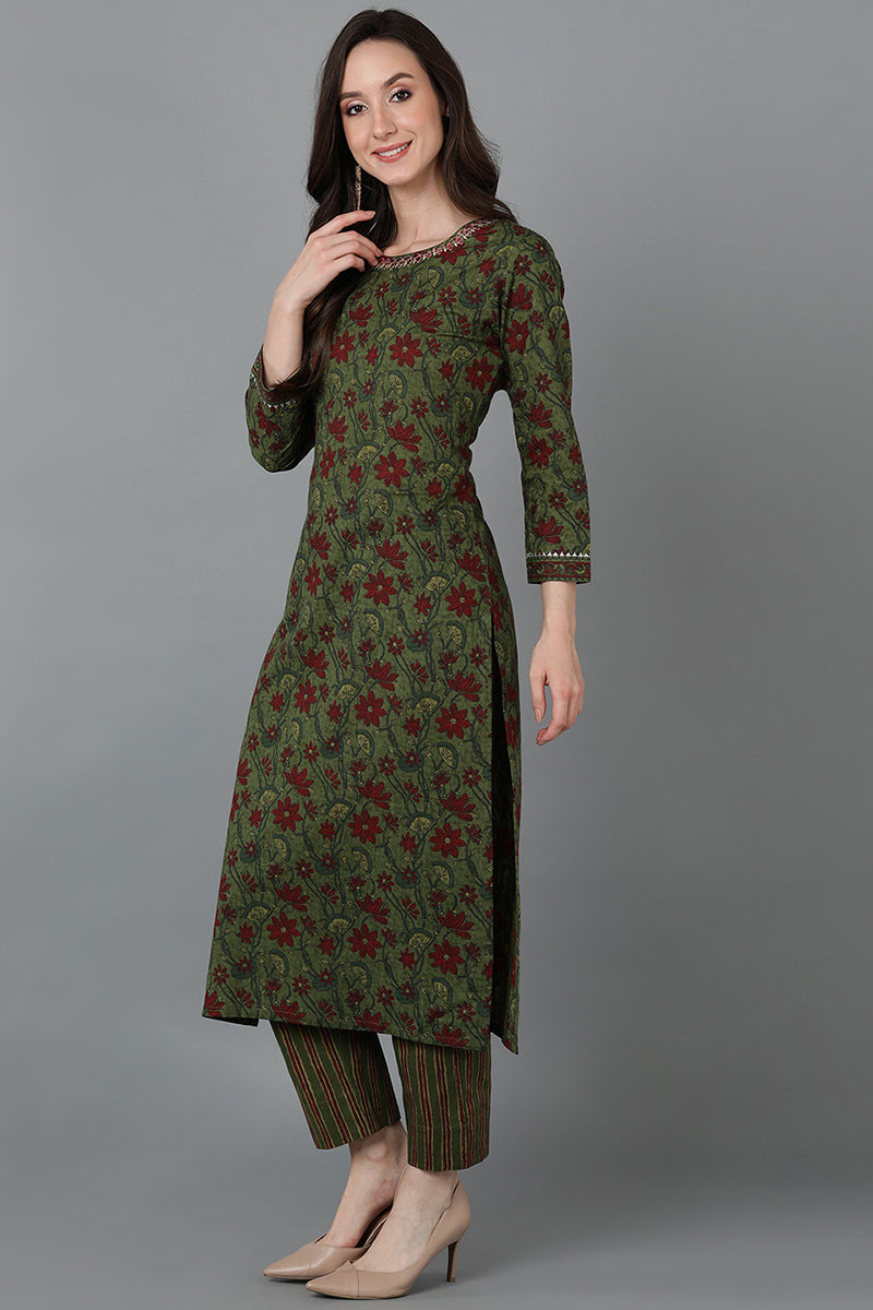 Green Cotton Straight Kurtas VCK8875