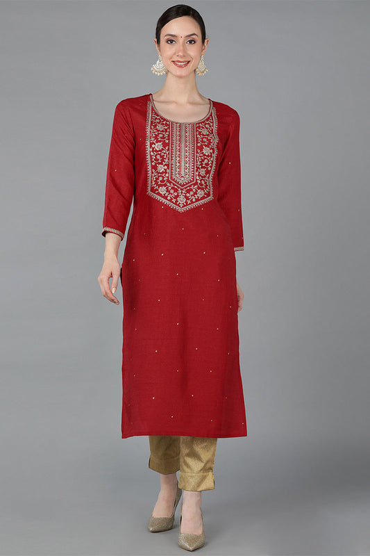 Red Chanderi Silk Solid Straight Kurta VCK8877