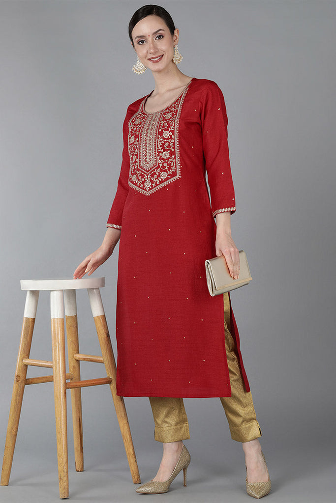 Red Chanderi Silk Solid Straight Kurta VCK8877