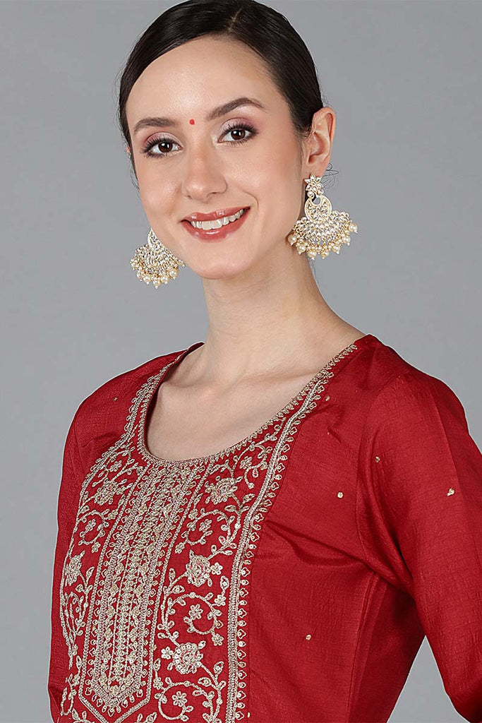 Red Chanderi Silk Solid Straight Kurta VCK8877