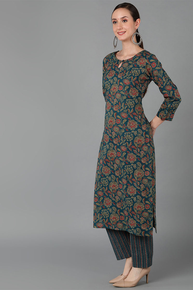  Women Green Cotton Floral Printed 