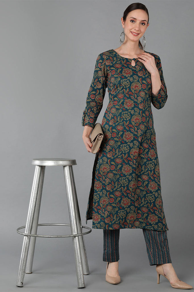  Women Green Cotton Floral Printed 