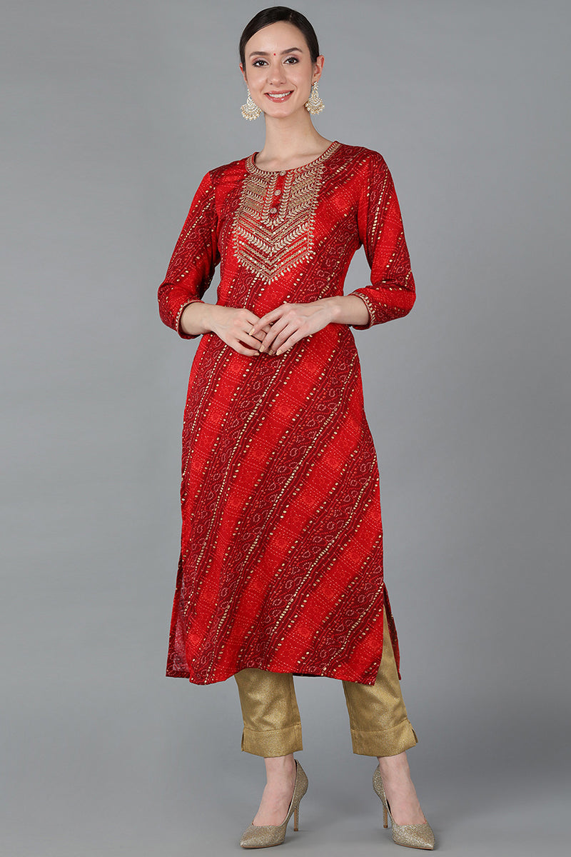 Red Viscose Rayon Geometric Straight Kurta VCK8881