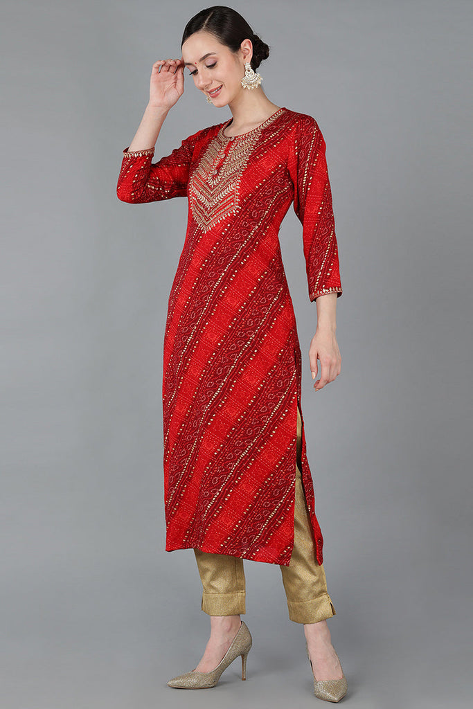 Red Viscose Rayon Geometric Straight Kurta VCK8881