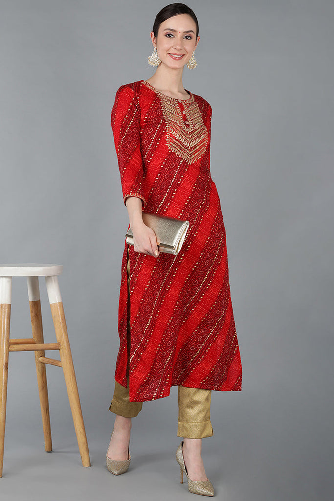 Red Viscose Rayon Geometric Straight Kurta VCK8881