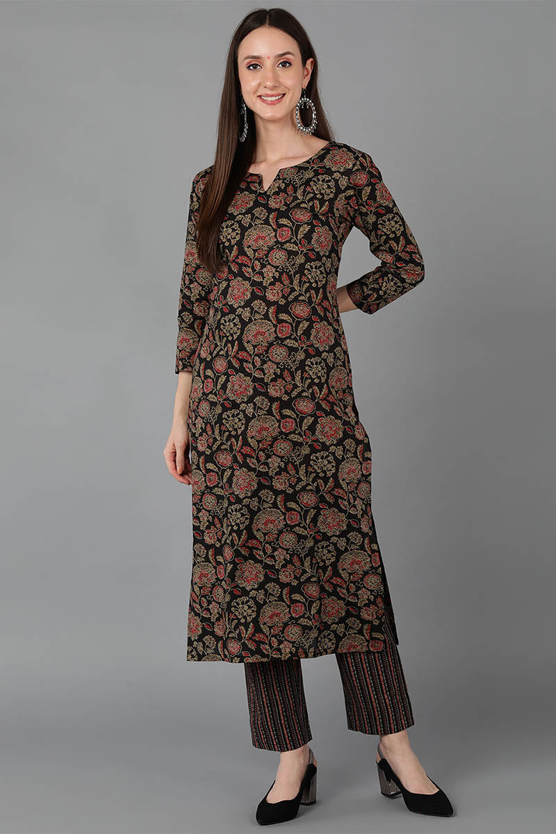  Women Black Cotton Floral Printed 