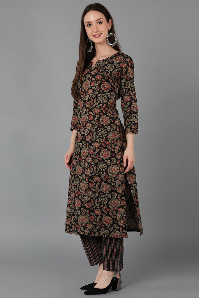  Women Black Cotton Floral Printed 