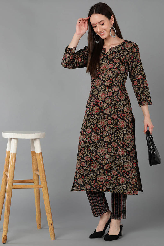  Women Black Cotton Floral Printed 